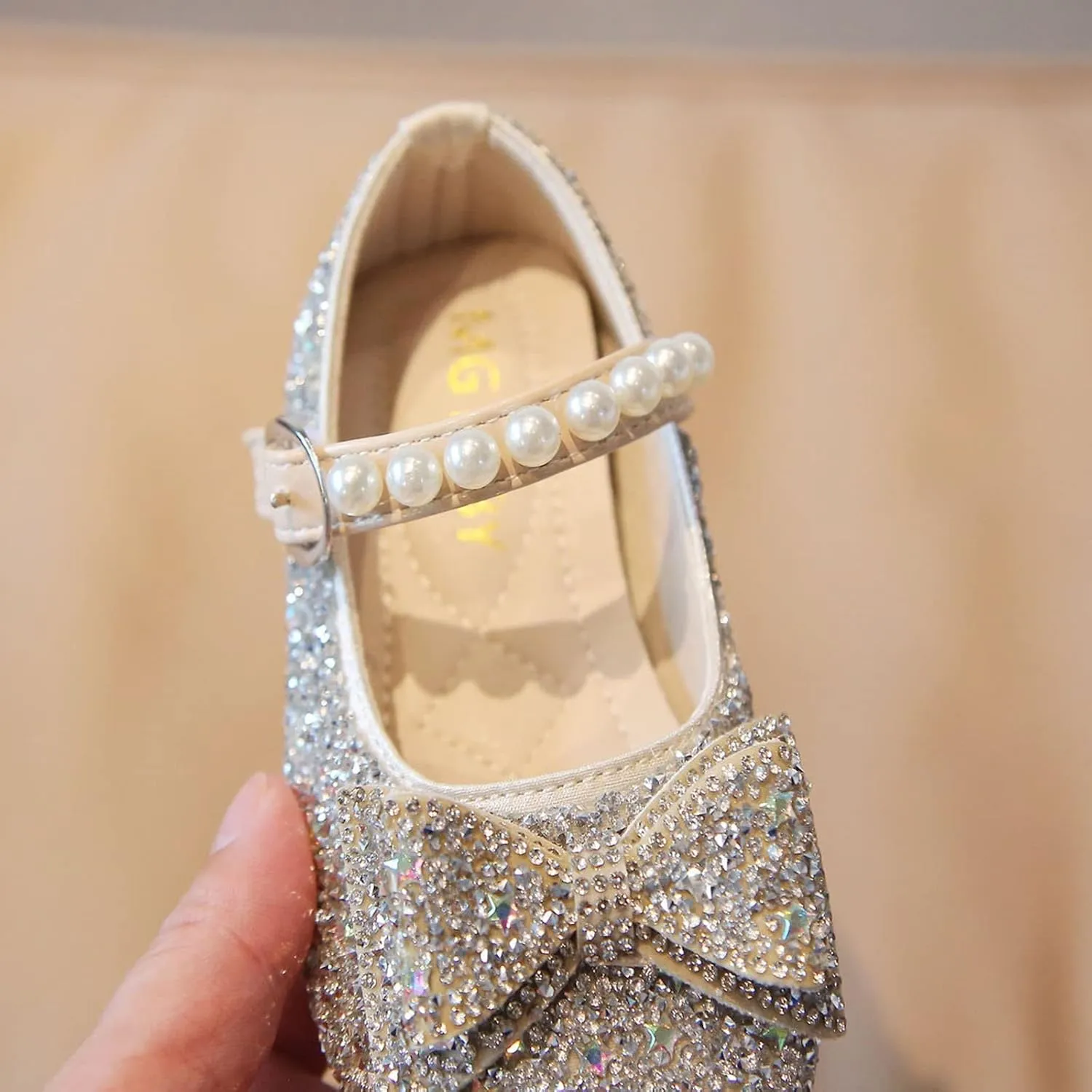 Princess Flat Sequins Little Girls Low Heels Pearl Buckle Dress Shoes Toddler Dress Ballet Mary Jane Bow Flat Shoes