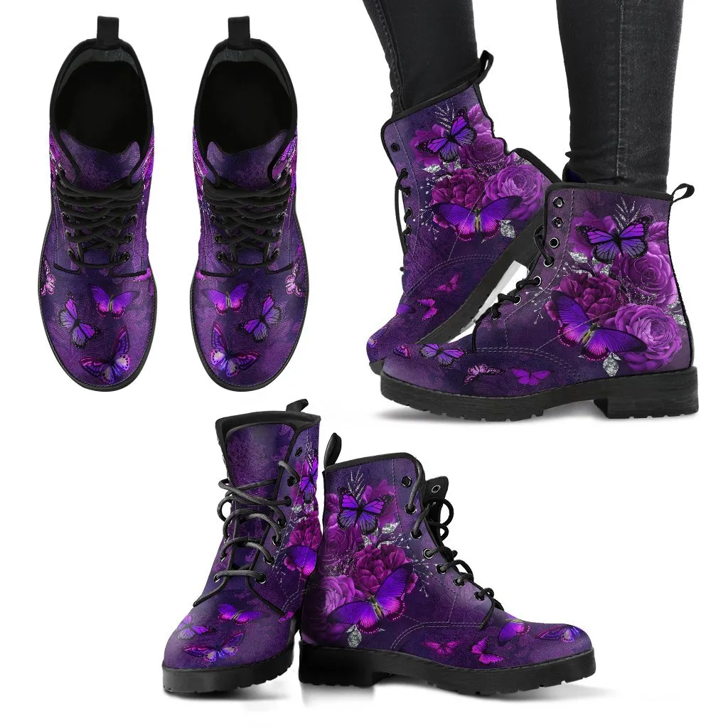 Purple Boots - Butterfly Shoes #106 Purple | Combat Boots, Custom Shoes, Women's Boots, Aesthetic Shoes, Boho Shoes, Vintage Sorority Shoes