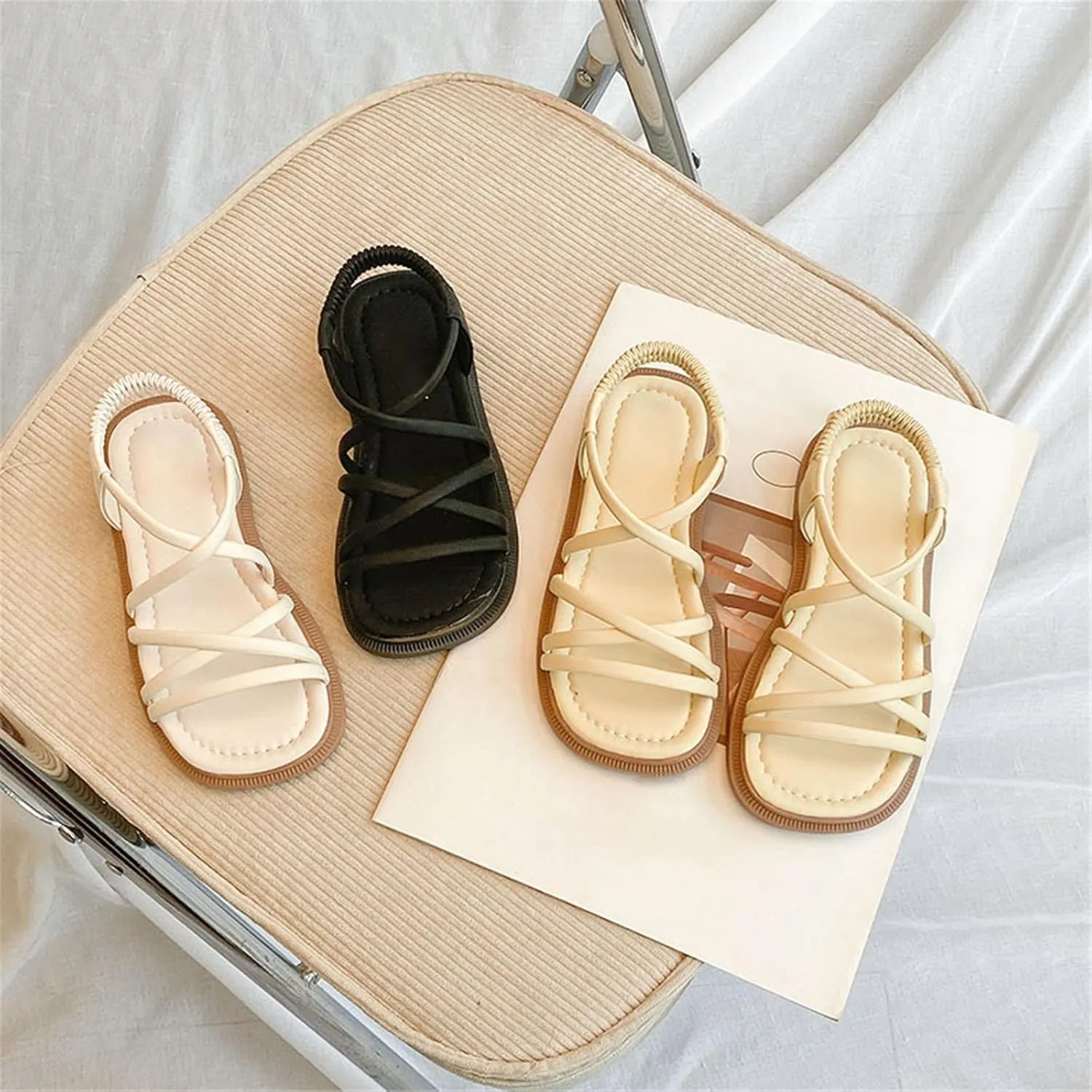 Sandals for Girls Open Toe Cute Flat Dress Sandals Ankle Strap Summer Beach Shoes Toddler/Little Kid/Big Kid (Beige, 3 Big Kids)
