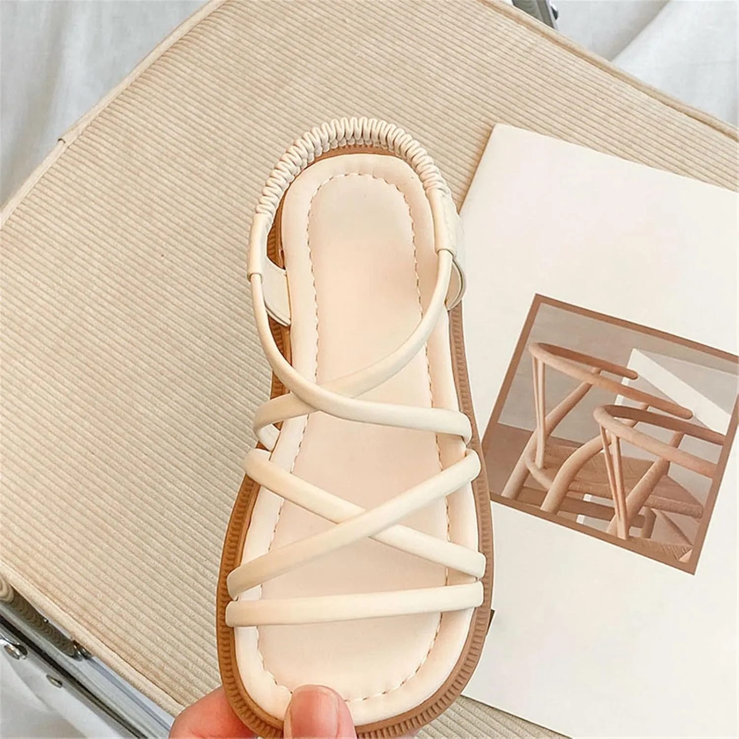 Sandals for Girls Open Toe Cute Flat Dress Sandals Ankle Strap Summer Beach Shoes Toddler/Little Kid/Big Kid (Beige, 3 Big Kids)