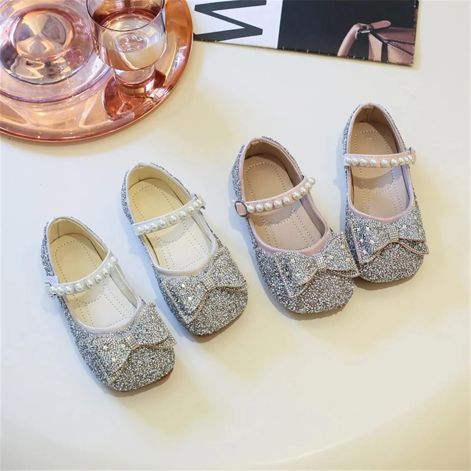 Sequins Sandals For Little Girls Toddler Kids Bow Pearl ow Heels Shoes Summer Casual Dress Dance Shoes Glitter Loafers