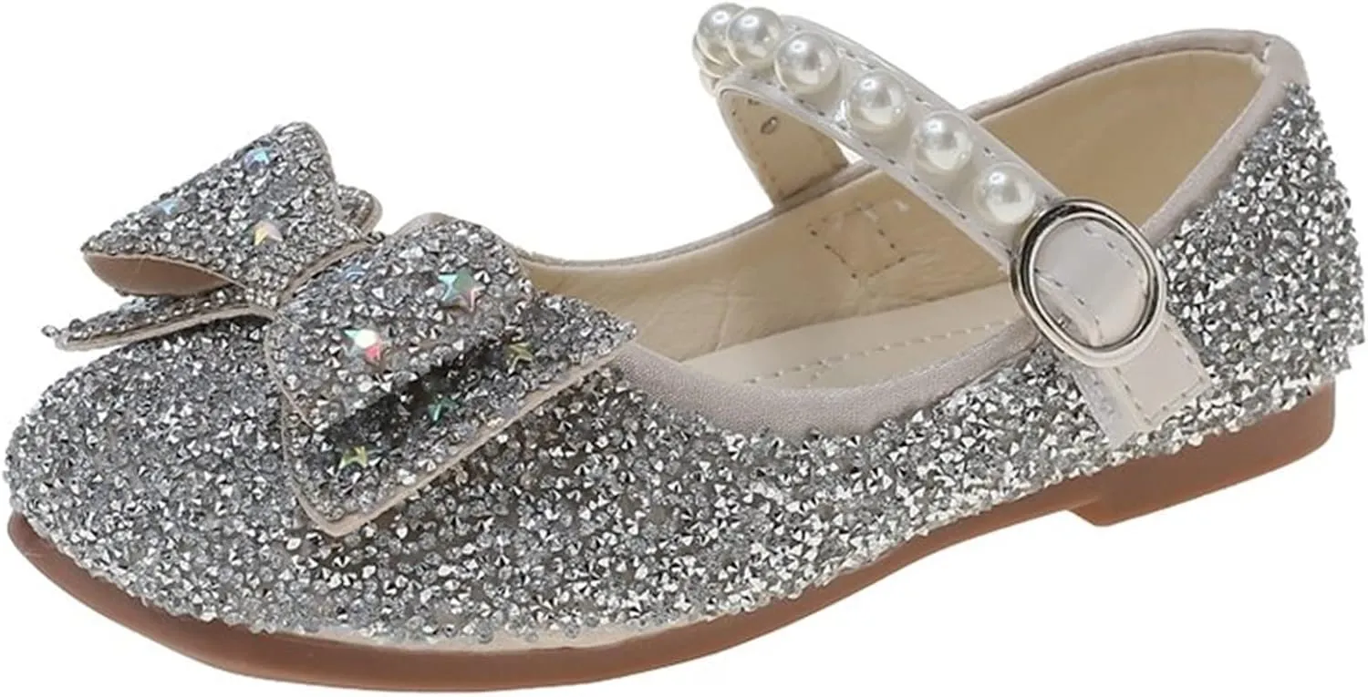 Sequins Sandals For Little Girls Toddler Kids Bow Pearl ow Heels Shoes Summer Casual Dress Dance Shoes Glitter Loafers