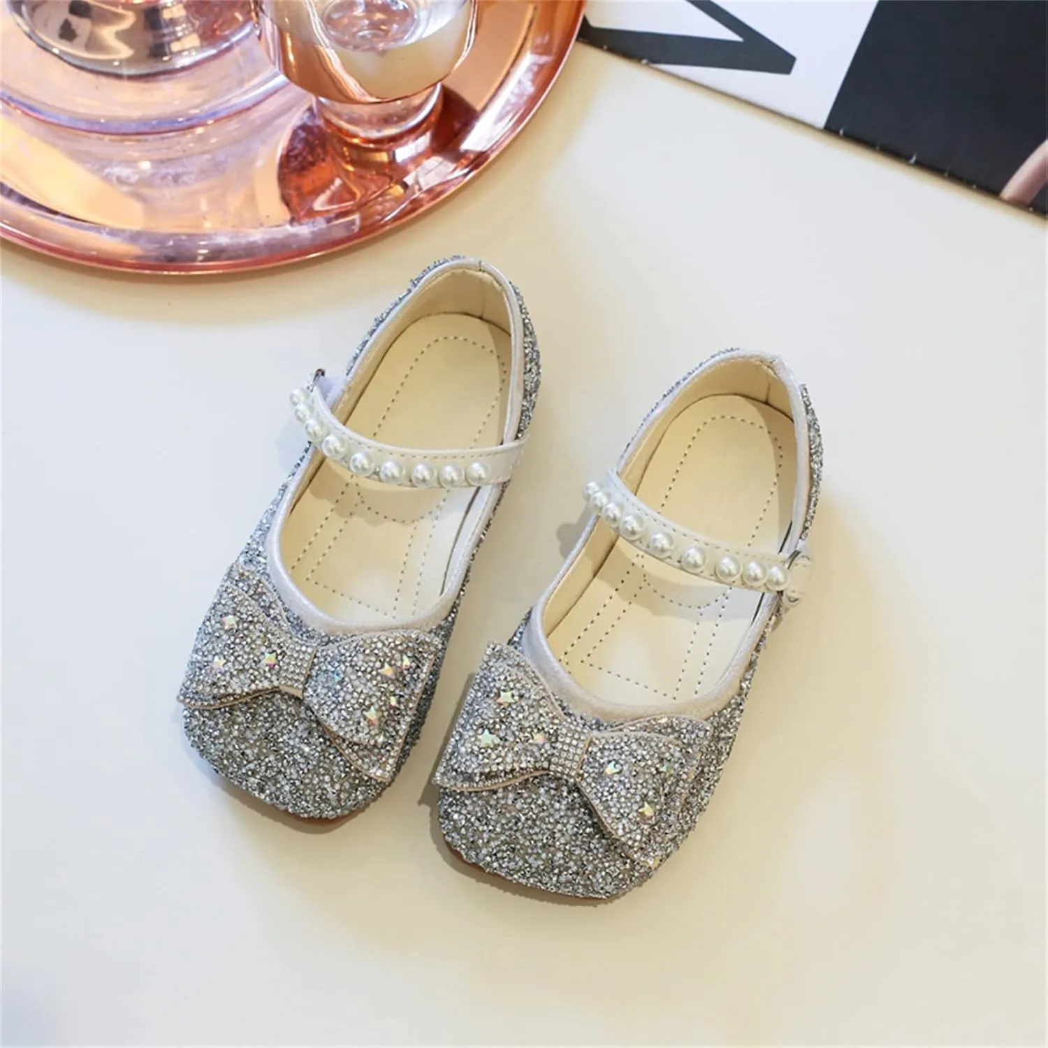 Sequins Sandals For Little Girls Toddler Kids Bow Pearl ow Heels Shoes Summer Casual Dress Dance Shoes Glitter Loafers