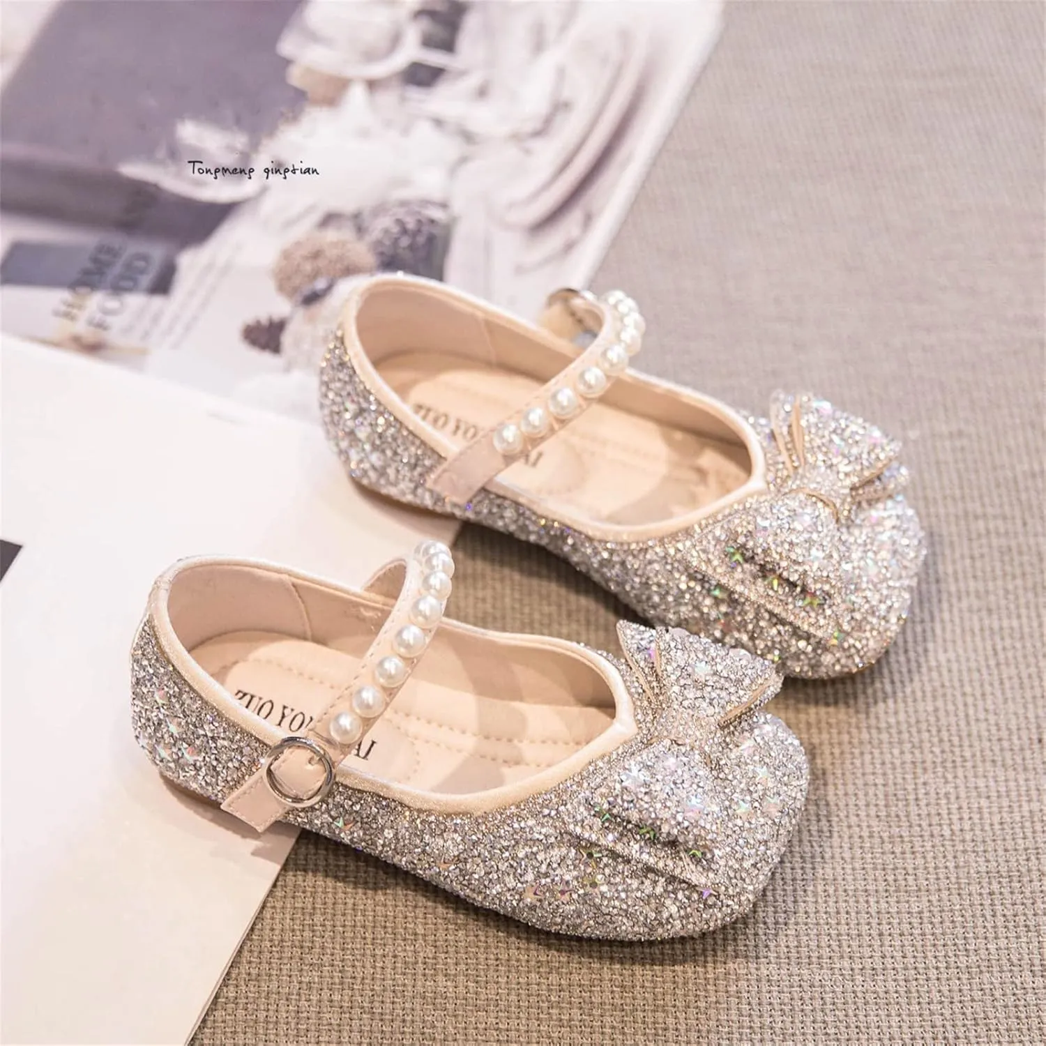 Sequins Sandals For Little Girls Toddler Kids Bow Pearl ow Heels Shoes Summer Casual Dress Dance Shoes Glitter Loafers