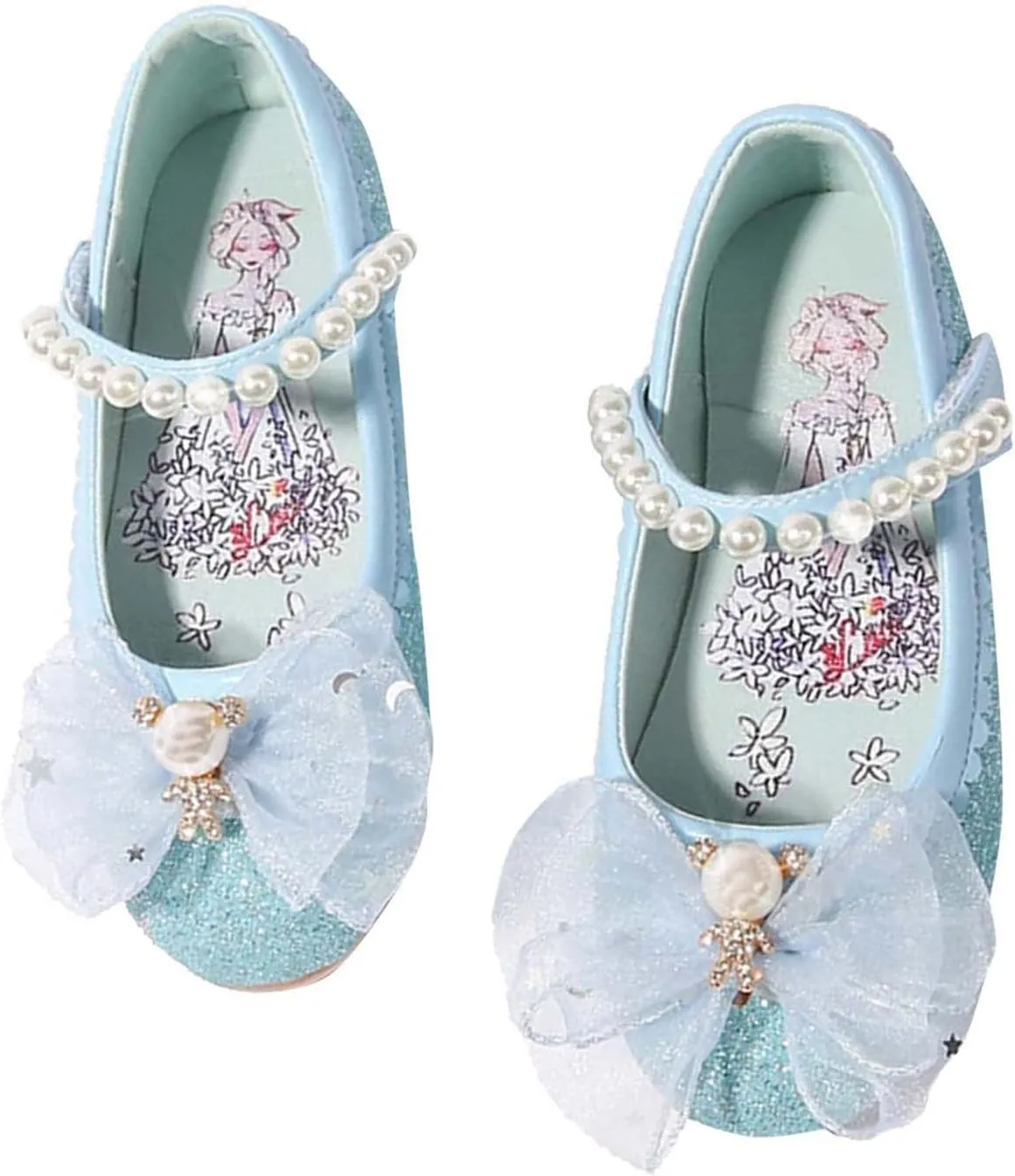 Size 3 Wide Shoes Children's Leather Shoes Female Spring and Autumn Princess Shoes Glitter Pink Blue Flat Single Shoes (Sky Blue, 2.5 Big Kids)