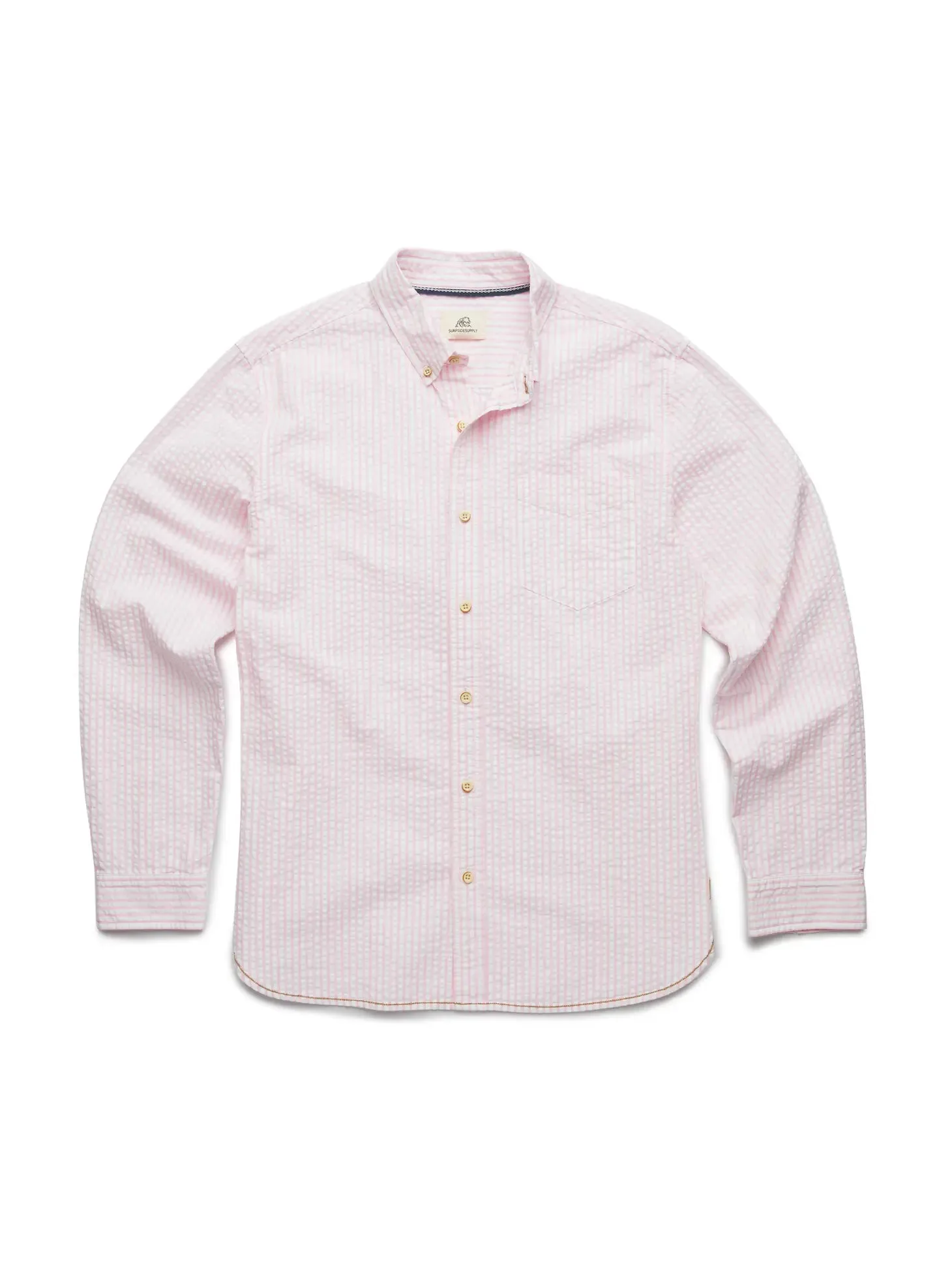 Surfside Supply Pink And White Vertical Striped Seersucker Button Up Shirt With Front Chest Pocket