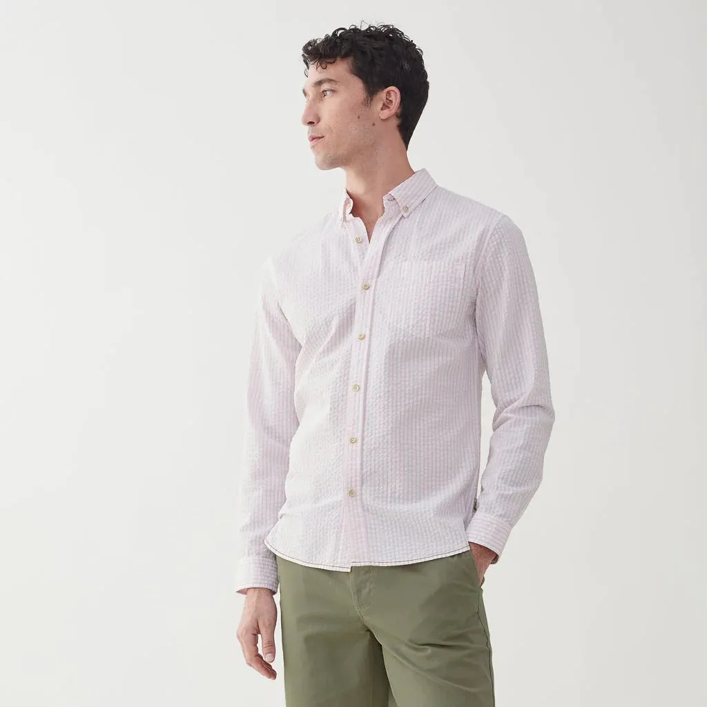 Surfside Supply Pink And White Vertical Striped Seersucker Button Up Shirt With Front Chest Pocket