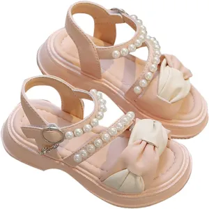 Toddler Girls Rubber Beaded Sandals Bow Open Toe 2 Strap Barefoot Summer Shoes Kids Baby Adjusted Lightweight Sandals