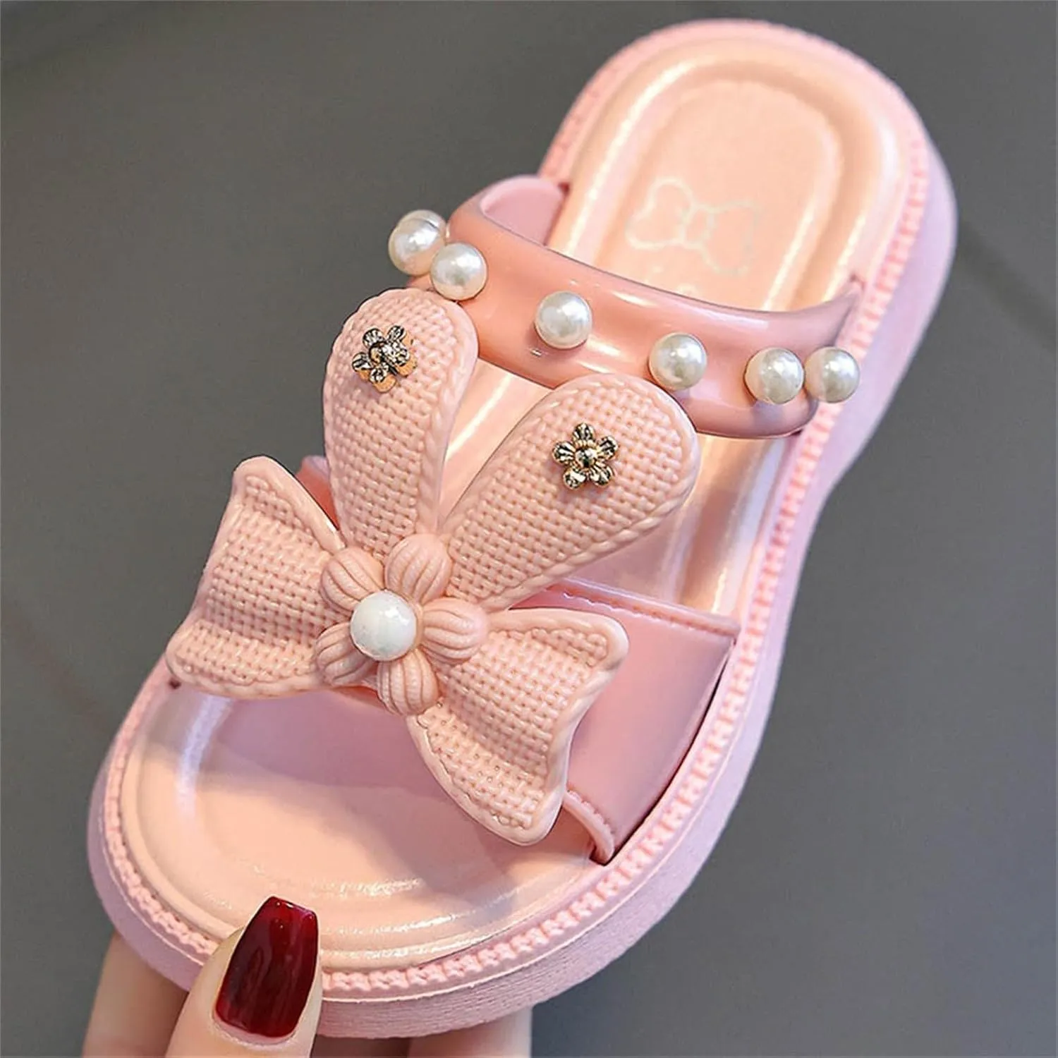 Toddler Girls Sandals Bow Pearl Rubber Sole Summer Shoes Baby Kids Wide Non Slip Pool Slipper Sandals Lightweight Comfy