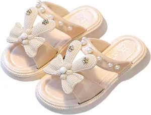 Toddler Girls Sandals Bow Pearl Rubber Sole Summer Shoes Baby Kids Wide Non Slip Pool Slipper Sandals Lightweight Comfy