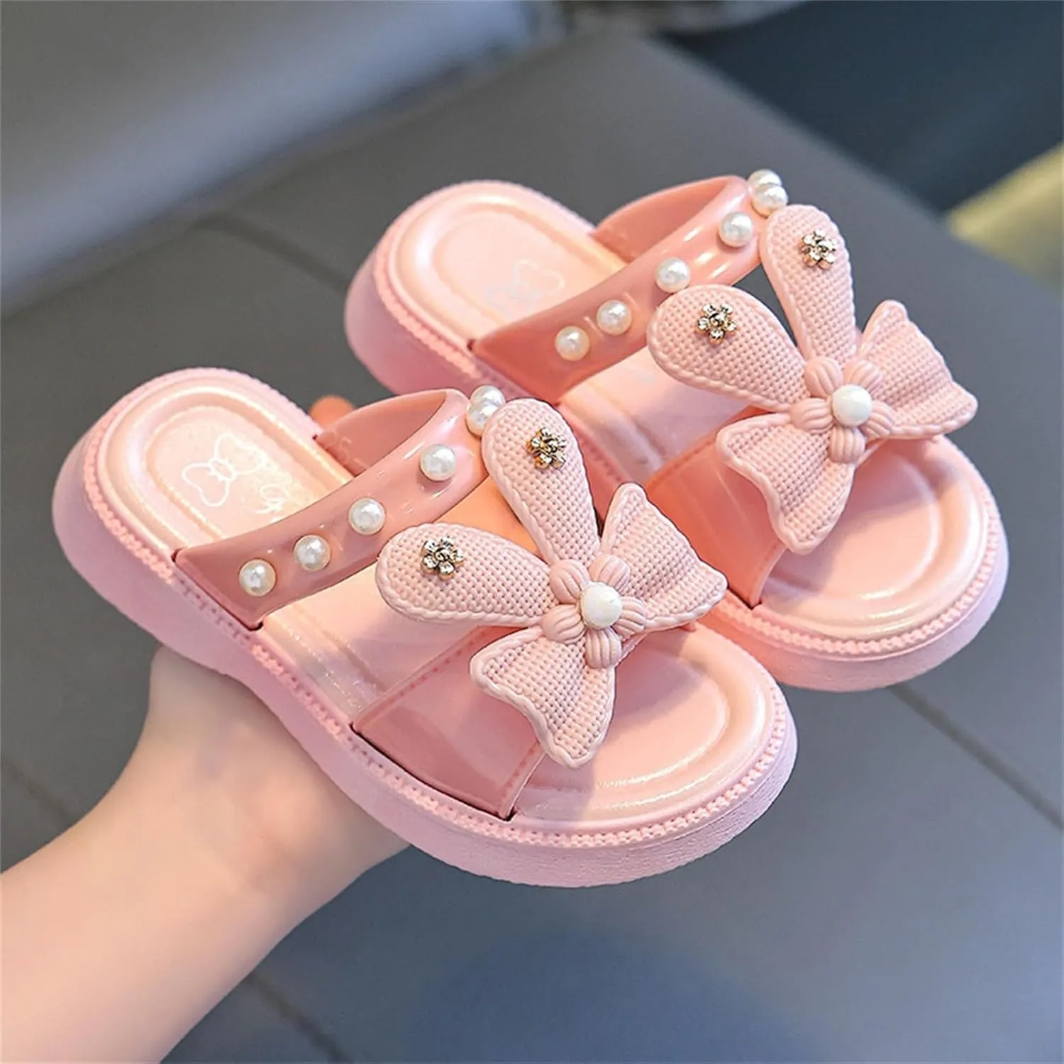 Toddler Girls Sandals Bow Pearl Rubber Sole Summer Shoes Baby Kids Wide Non Slip Pool Slipper Sandals Lightweight Comfy