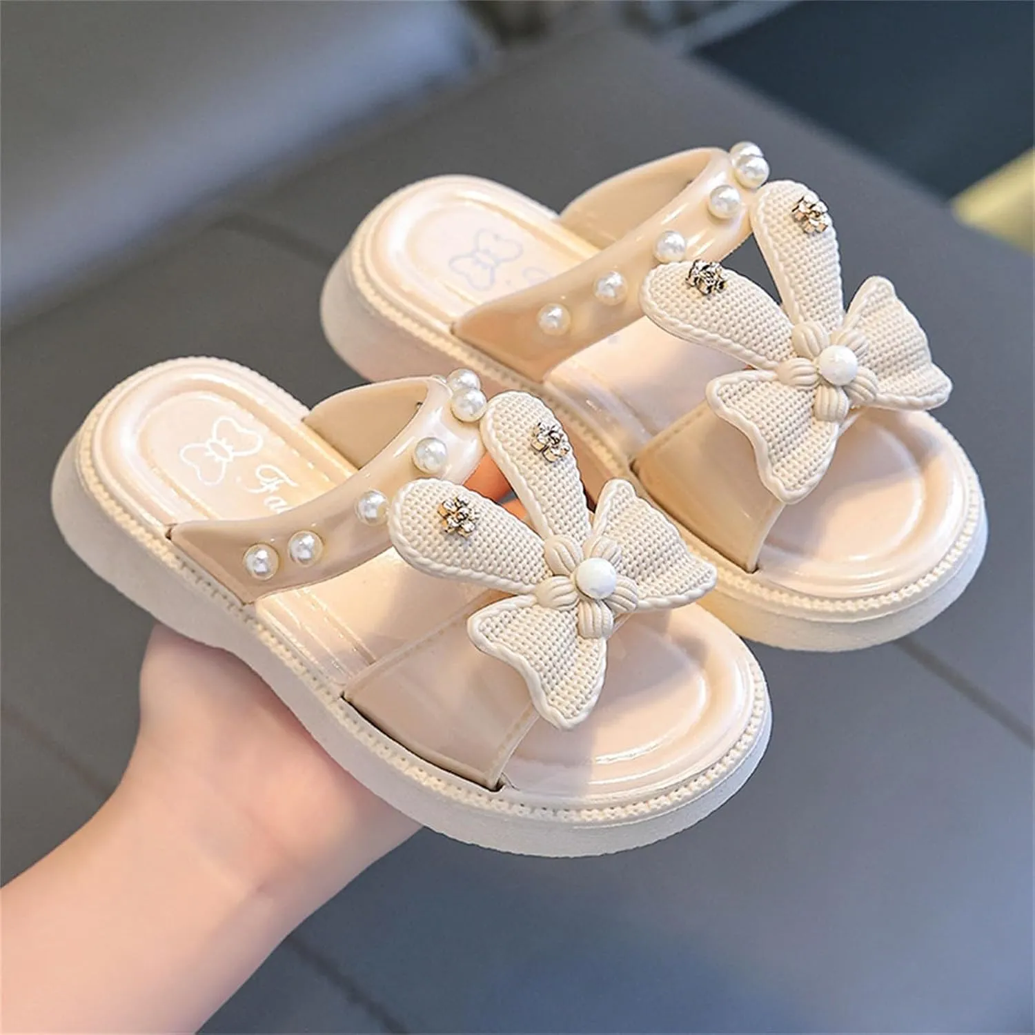 Toddler Girls Sandals Bow Pearl Rubber Sole Summer Shoes Baby Kids Wide Non Slip Pool Slipper Sandals Lightweight Comfy