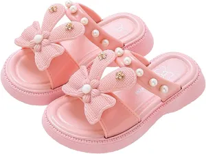 Toddler Girls Sandals Bow Pearl Rubber Sole Summer Shoes Baby Kids Wide Non Slip Pool Slipper Sandals Lightweight Comfy