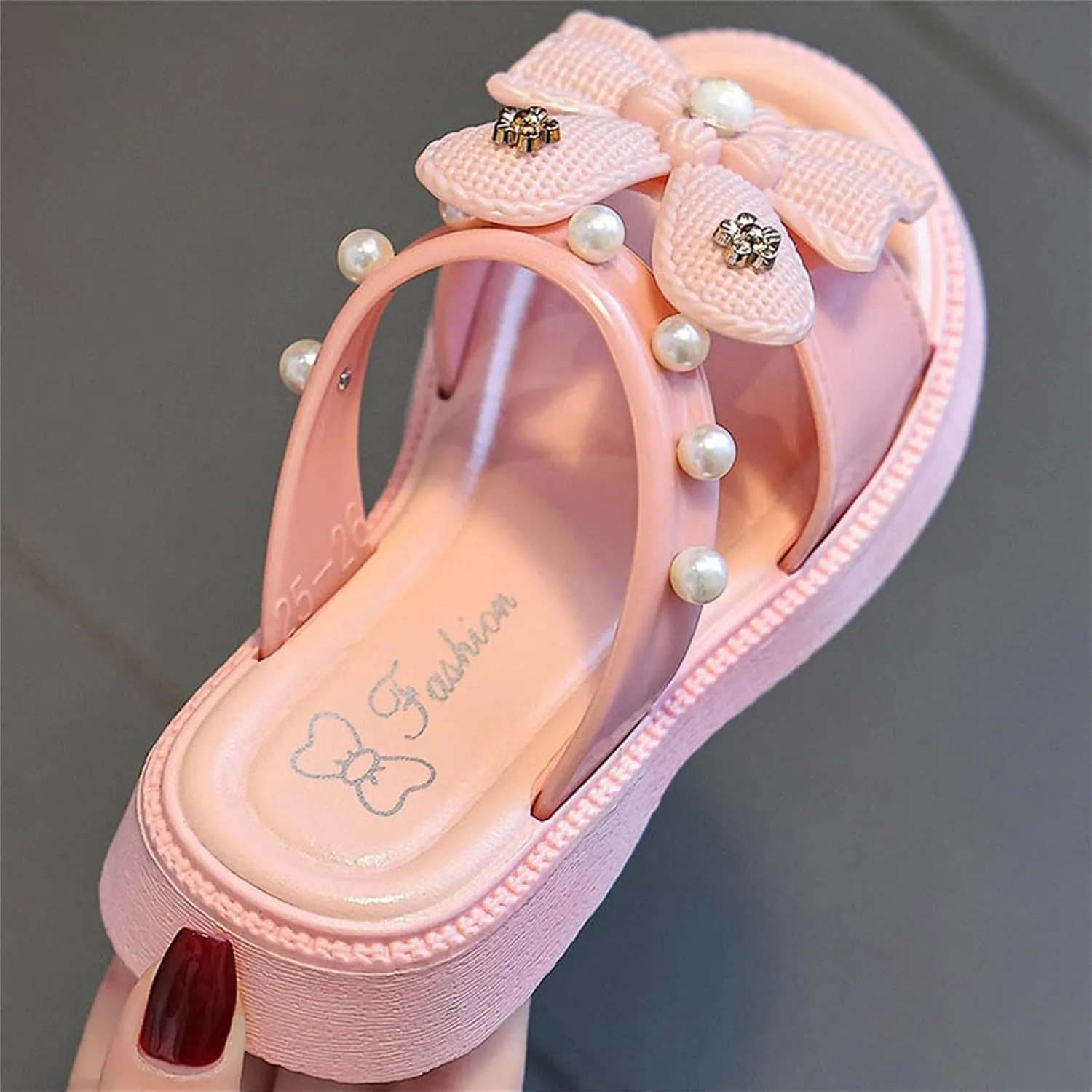 Toddler Girls Sandals Bow Pearl Rubber Sole Summer Shoes Baby Kids Wide Non Slip Pool Slipper Sandals Lightweight Comfy