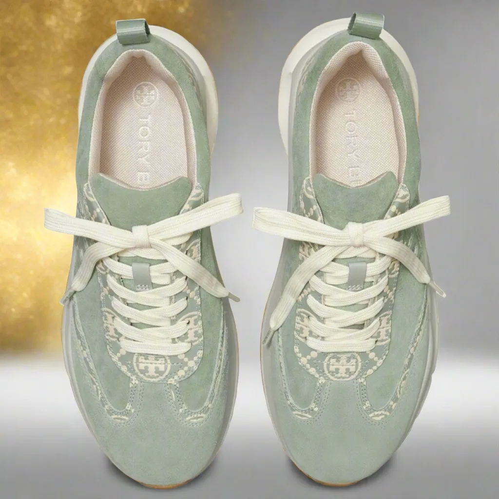 Tory Burch T Monogram Good Luck Trainer Sneakers Size 11 M  Blue Celadon / New Cream