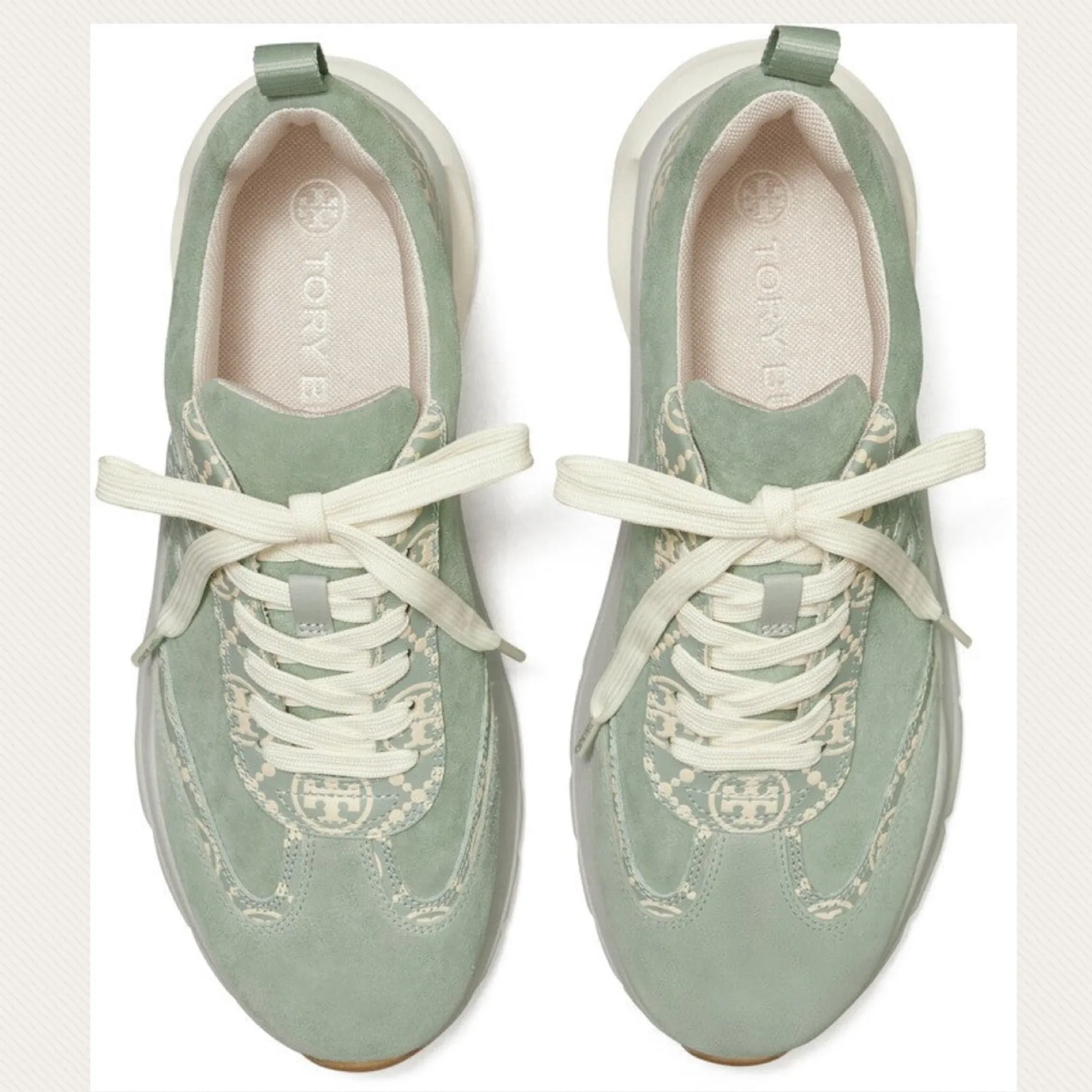 Tory Burch T Monogram Good Luck Trainer Sneakers Size 11 M  Blue Celadon / New Cream