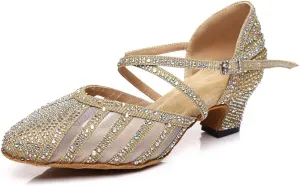 Women Latin Ballroom Dance Shoes Rhinestone Closed Toe Tango Salsa Dancing Shoes
