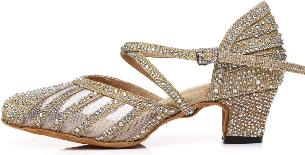 Women Latin Ballroom Dance Shoes Rhinestone Closed Toe Tango Salsa Dancing Shoes