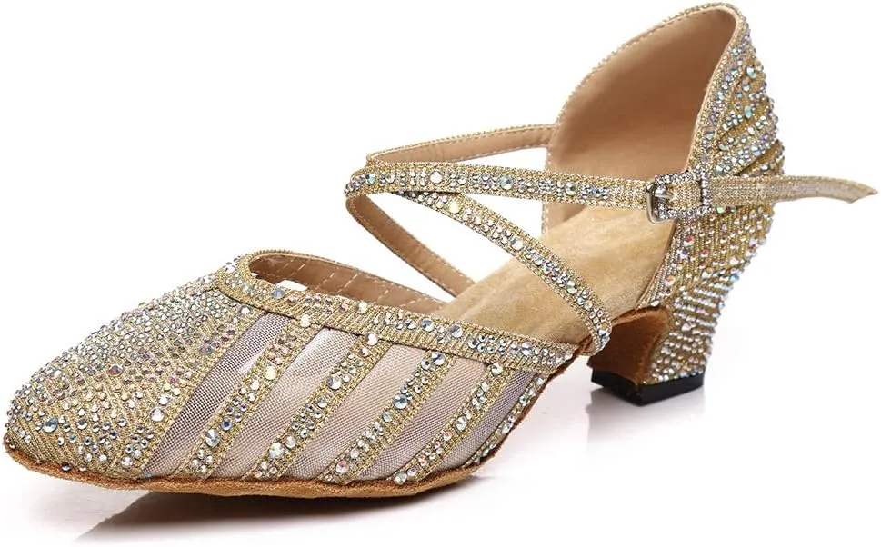 Women Latin Ballroom Dance Shoes Rhinestone Closed Toe Tango Salsa Dancing Shoes