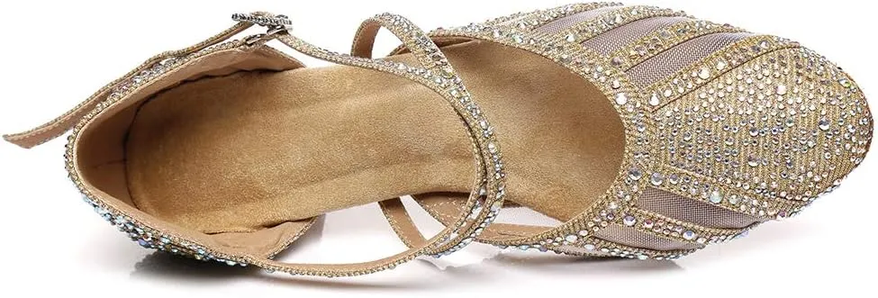 Women Latin Ballroom Dance Shoes Rhinestone Closed Toe Tango Salsa Dancing Shoes