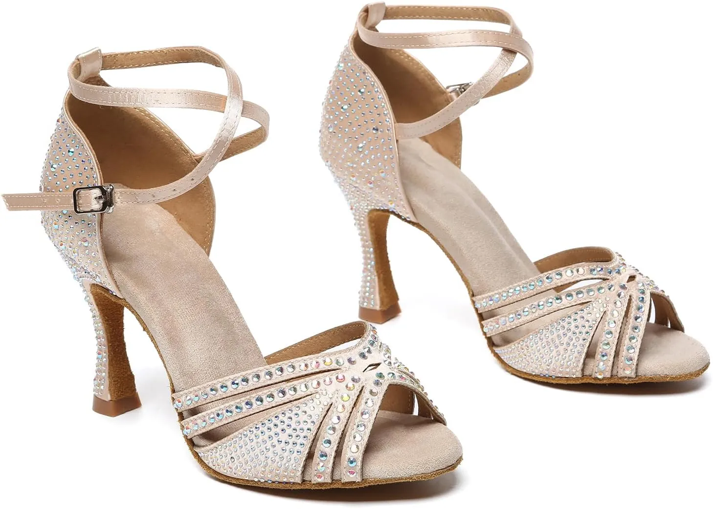 Women Rhinestone Ballroom Dance Shoes Open Toe Ankle Strap Latin Salsa Performance Dancing Shoes,Model YCL640-Suede Sole-3.33Heel