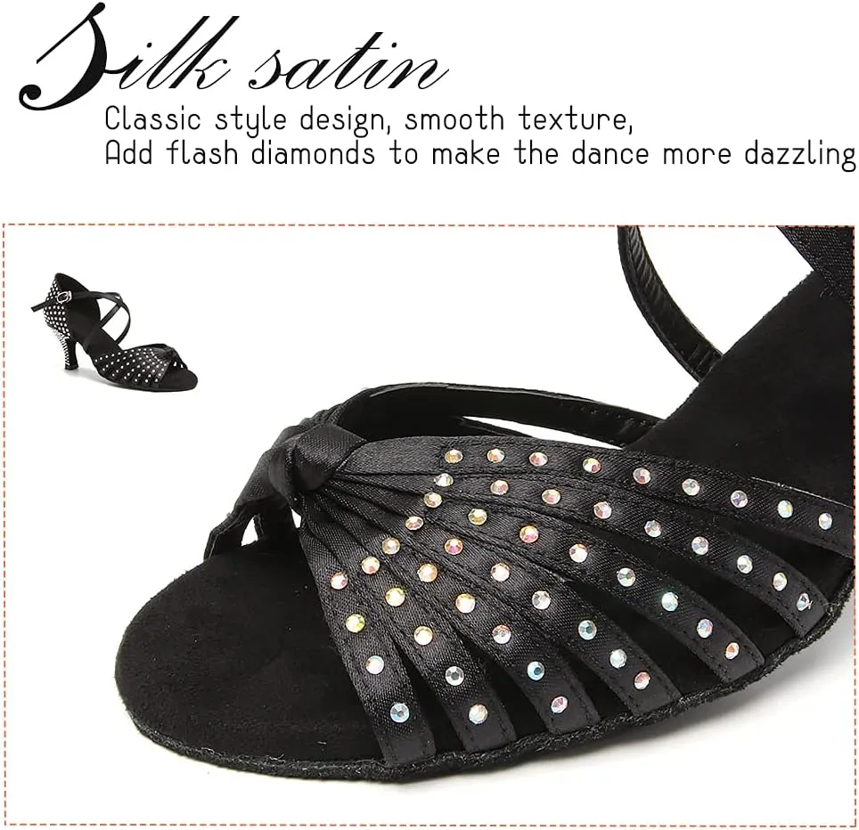 Women Rhinestone Latin Dance Shoes Ballroom Salsa Performance Dancing Heels