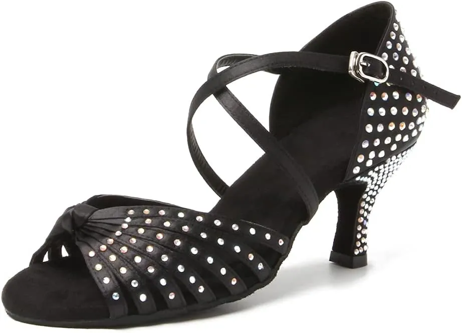 Women Rhinestone Latin Dance Shoes Ballroom Salsa Performance Dancing Heels