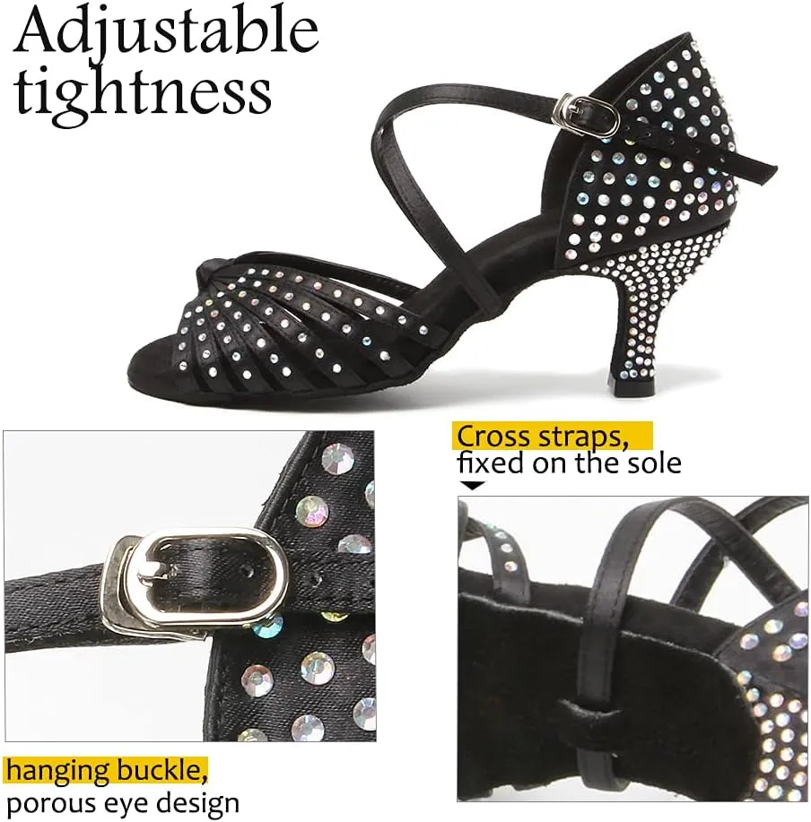 Women Rhinestone Latin Dance Shoes Ballroom Salsa Performance Dancing Heels