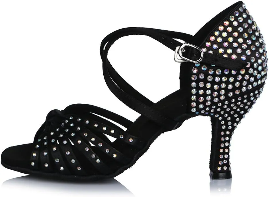 Women Rhinestone Latin Dance Shoes Ballroom Salsa Performance Dancing Heels