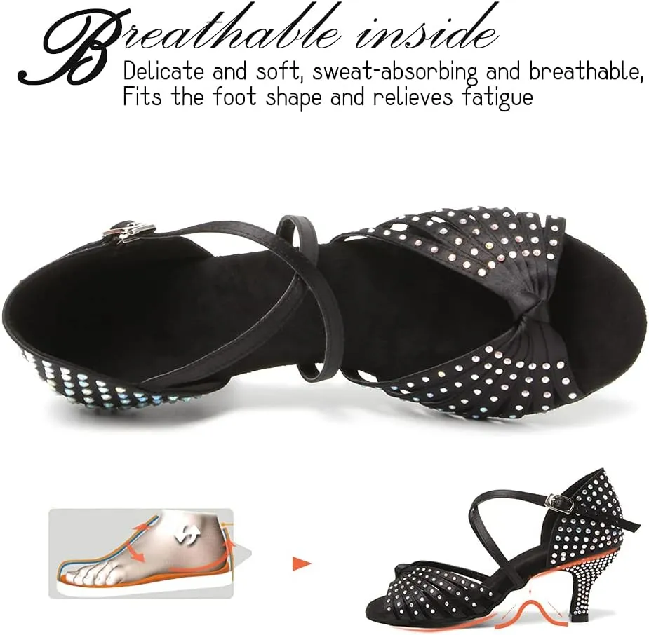 Women Rhinestone Latin Dance Shoes Ballroom Salsa Performance Dancing Heels