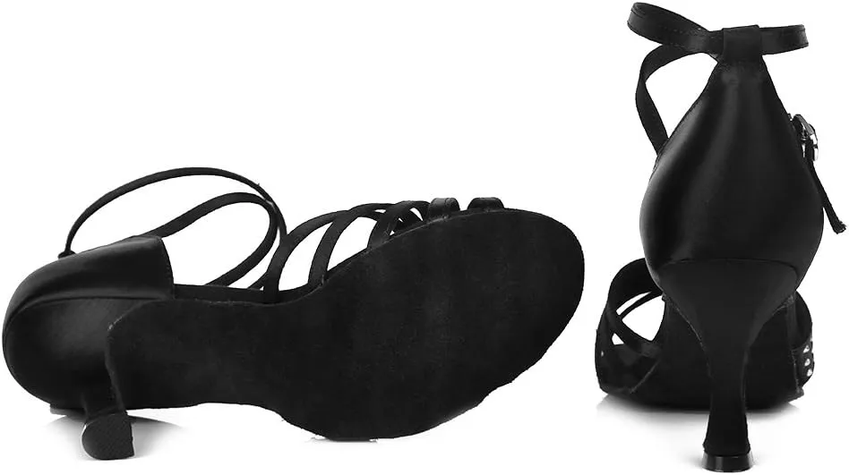 Women Rhinestone Latin Dance Shoes Open Toe Ballroom Salsa Performance Practice Dancing Shoes