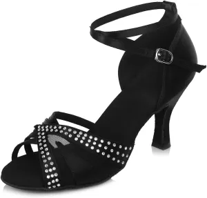 Women Rhinestone Latin Dance Shoes Open Toe Ballroom Salsa Performance Practice Dancing Shoes
