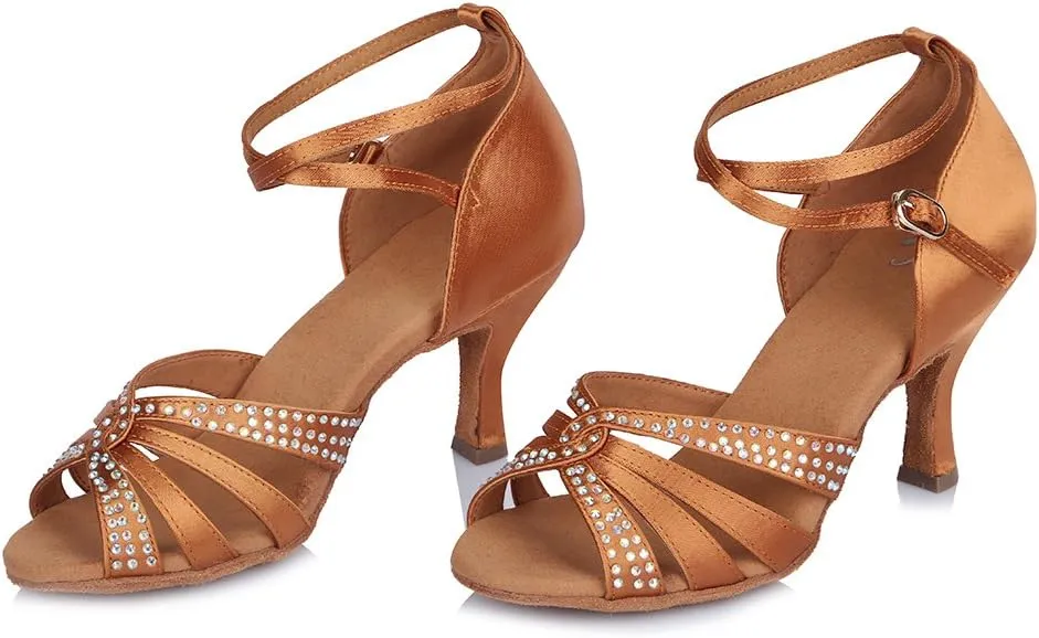 Women Rhinestone Latin Dance Shoes Open Toe Ballroom Salsa Performance Practice Dancing Shoes