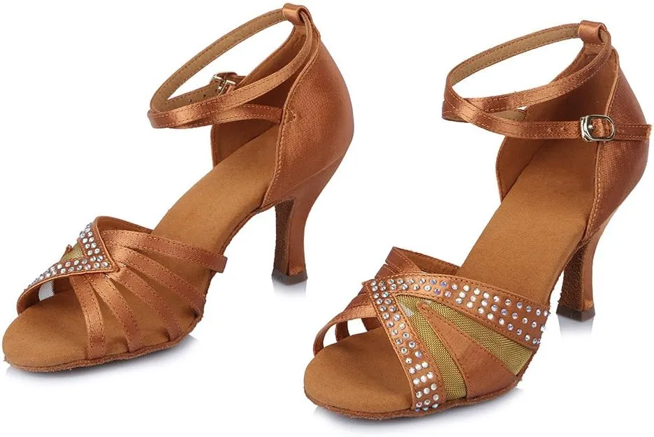 Women Rhinestone Latin Dance Shoes Open Toe Ballroom Salsa Performance Practice Dancing Shoes