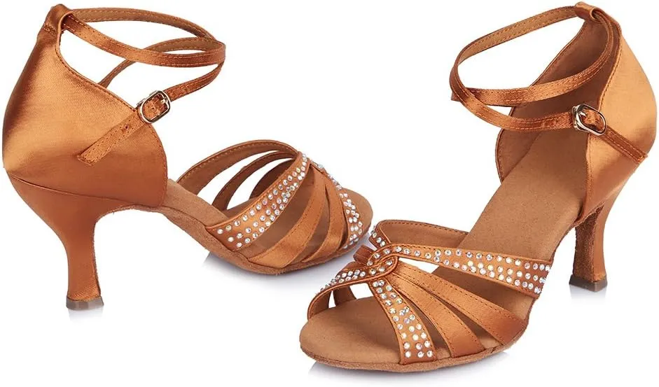 Women Rhinestone Latin Dance Shoes Open Toe Ballroom Salsa Performance Practice Dancing Shoes