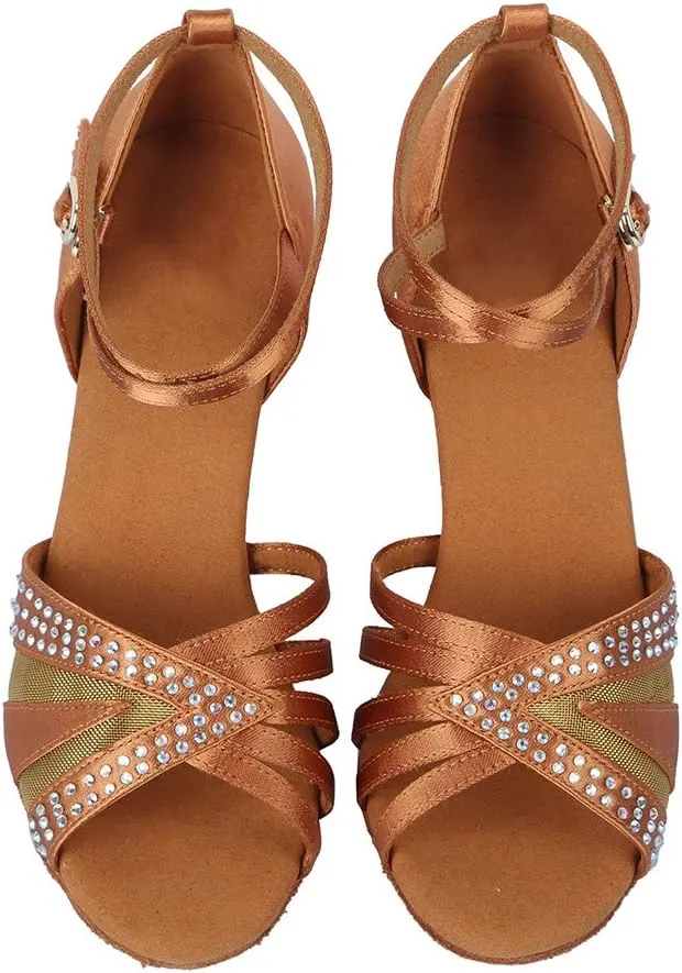 Women Rhinestone Latin Dance Shoes Open Toe Ballroom Salsa Performance Practice Dancing Shoes