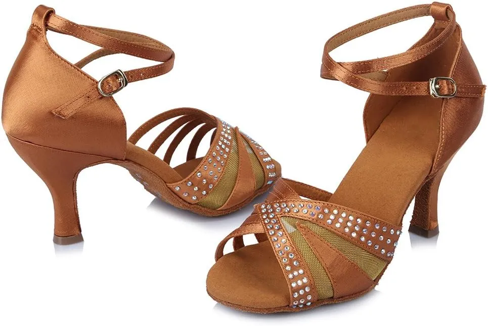 Women Rhinestone Latin Dance Shoes Open Toe Ballroom Salsa Performance Practice Dancing Shoes