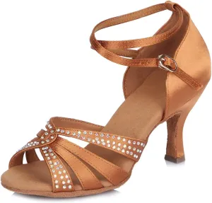 Women Rhinestone Latin Dance Shoes Open Toe Ballroom Salsa Performance Practice Dancing Shoes