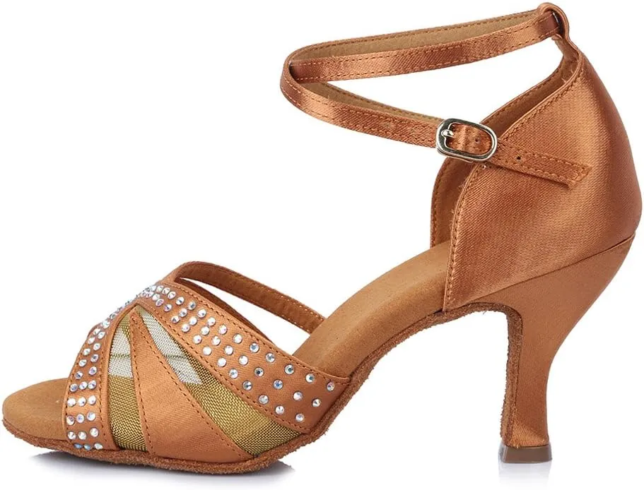 Women Rhinestone Latin Dance Shoes Open Toe Ballroom Salsa Performance Practice Dancing Shoes