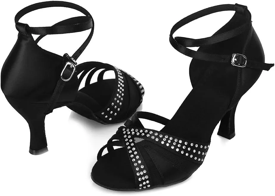 Women Rhinestone Latin Dance Shoes Open Toe Ballroom Salsa Performance Practice Dancing Shoes