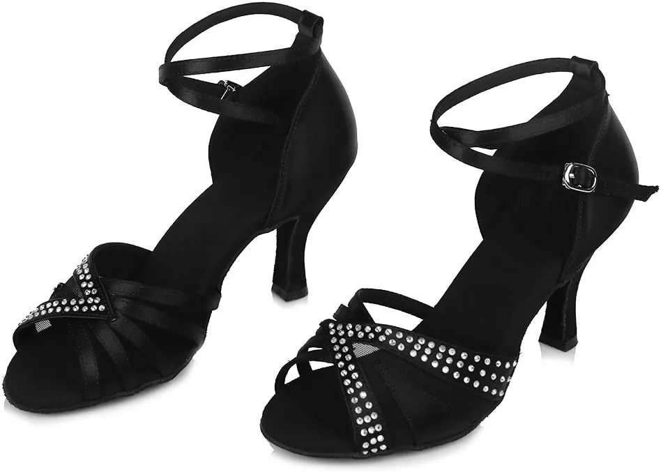 Women Rhinestone Latin Dance Shoes Open Toe Ballroom Salsa Performance Practice Dancing Shoes