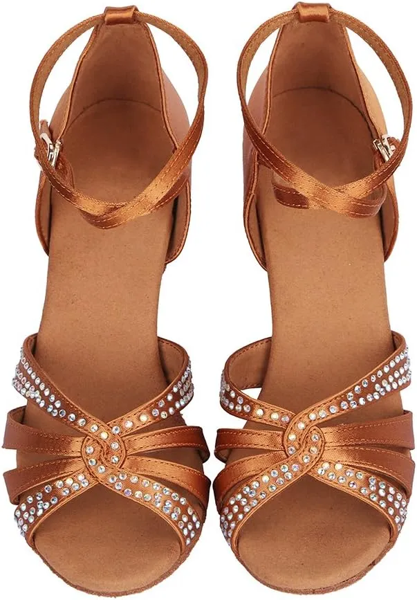 Women Rhinestone Latin Dance Shoes Open Toe Ballroom Salsa Performance Practice Dancing Shoes