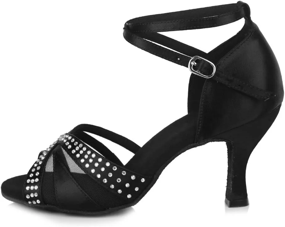 Women Rhinestone Latin Dance Shoes Open Toe Ballroom Salsa Performance Practice Dancing Shoes
