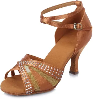 Women Rhinestone Latin Dance Shoes Open Toe Ballroom Salsa Performance Practice Dancing Shoes