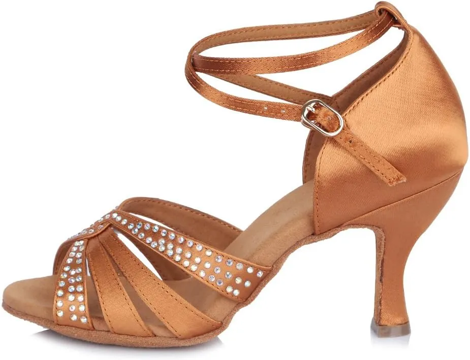 Women Rhinestone Latin Dance Shoes Open Toe Ballroom Salsa Performance Practice Dancing Shoes