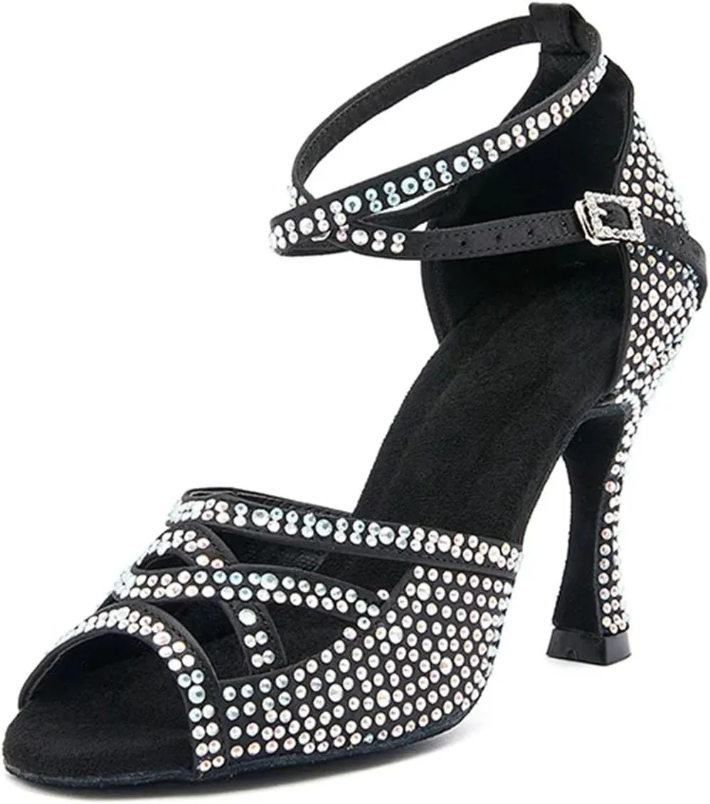 Women's Black Satin Dance Shoes - Rhinestone Ballroom Professional Sneakers, 5CM/2Inch Heel Height