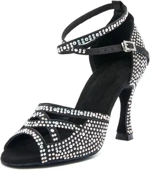 Women's Black Satin Dance Shoes - Rhinestone Ballroom Professional Sneakers, 5CM/2Inch Heel Height
