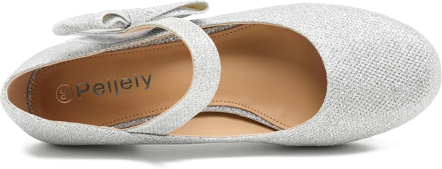 Women's Bow Mary Jane Low Chunky Heel Pumps Ankle Strap Side Bow Round Toe Dress Wedding Party Shoes