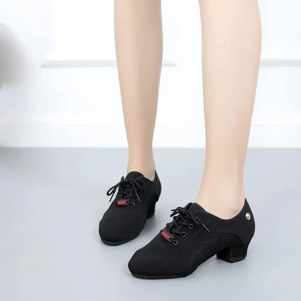 Women's Lace up Latin Dance Practice Shoes Block Heel Canvas Salsa Tango Ballroom Dance Shoes