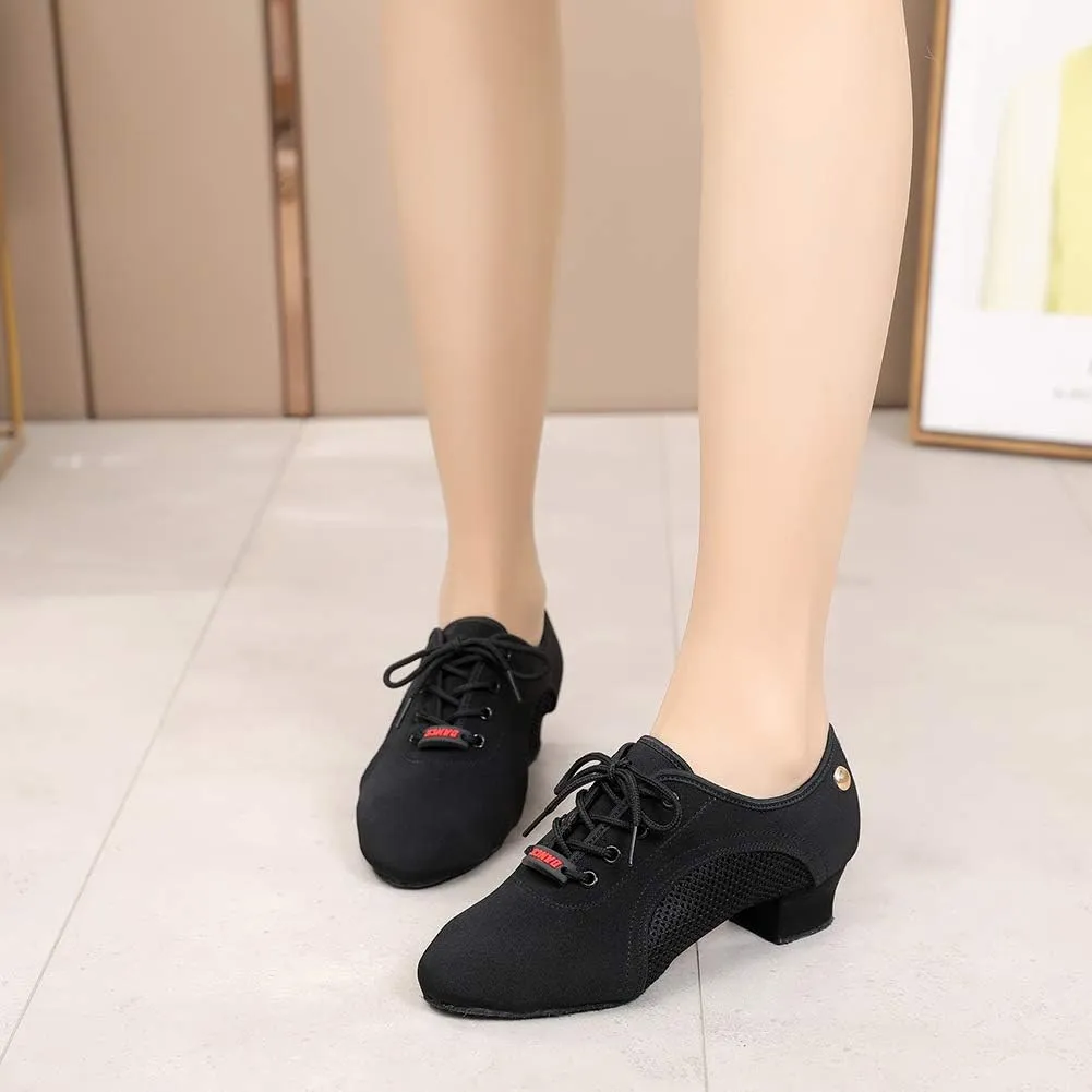Women's Lace up Latin Dance Practice Shoes Block Heel Canvas Salsa Tango Ballroom Dance Shoes